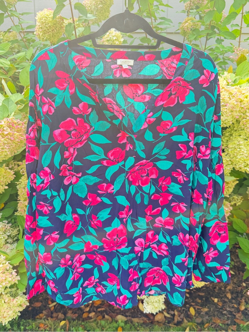 Talbots Navy Floral V-Neck Blouse - Pink & Teal